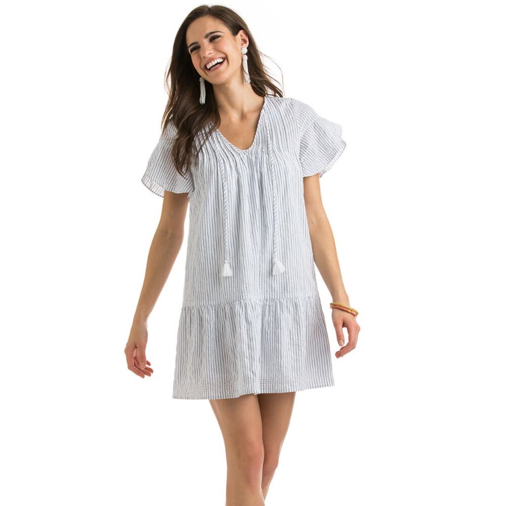 Vineyard Vines Women's Dress Size 2 Striped Pintuck Flutter Sleeve Navy White